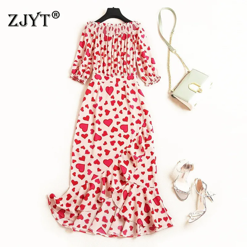 

Top Quality Fashion Runway Designer Summer Dresses 2019 Women's Elegant Heart Patterns Print Slash Neck Ruffles Irregular Dress