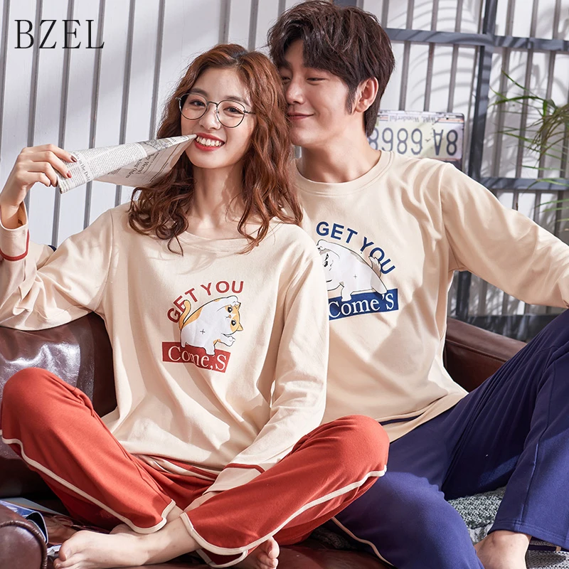 

BZEL Cotton Couples Pajamas Long Sleeve Sleepwear For Lovers Round Neck Cartoon Pajamas Casual Pajamas For Lovers Suit Pyjamas