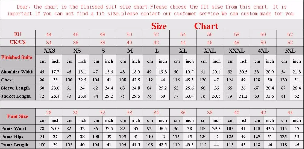slim fit suit size chart