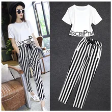 Women clothing set 2014 bowknot Lotus sleeve Tops+ Stripe causal pants High-Quality Freeshipping