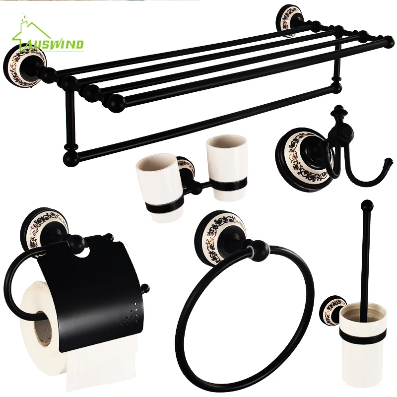 European Antique Brass Ceramic Bathroom Hardware Set Black Oil Bronze
