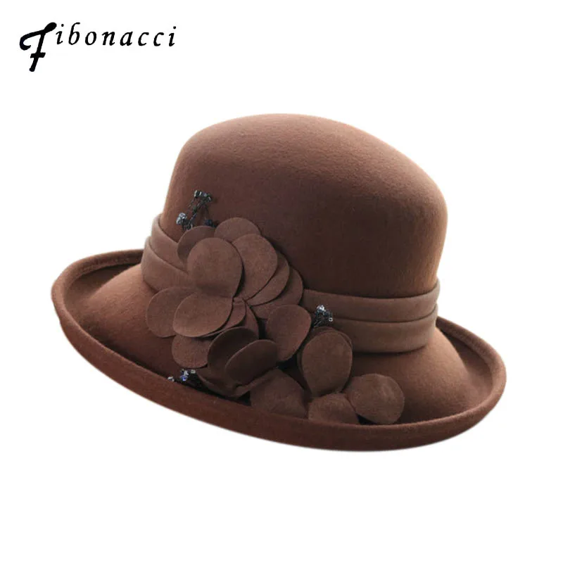 

Fibonacci High Quality Female Fedora Hat Dome Floral Wool Felt Hats for Women Bucket Elegant Fedoras