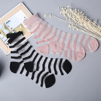 

2 Pairs Summer Creative Transparent Glitter Striped Mesh Glass Socks Women Lace Shining Thin Breathable Socks Female Silk Socks