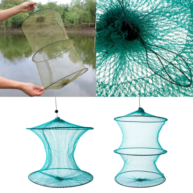 

Fishing Net Round Folding Metal Frame Nylon Mesh Care Creel Tackle Accessory