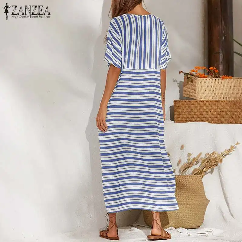 2019 Summer ZANZEA Women Sundress Striped Print Dress Ladies Long Maxi Dresses Beach Vestidos Tunic Robe Femme Party Dresses 5XL