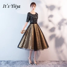 Это Yiiya платье для выпускного вечера, черное Золотое платье с блестками, Тюлевое платье с короткими рукавами и круглым вырезом, вечерние платья длиной до середины икры, по индивидуальному заказу E427