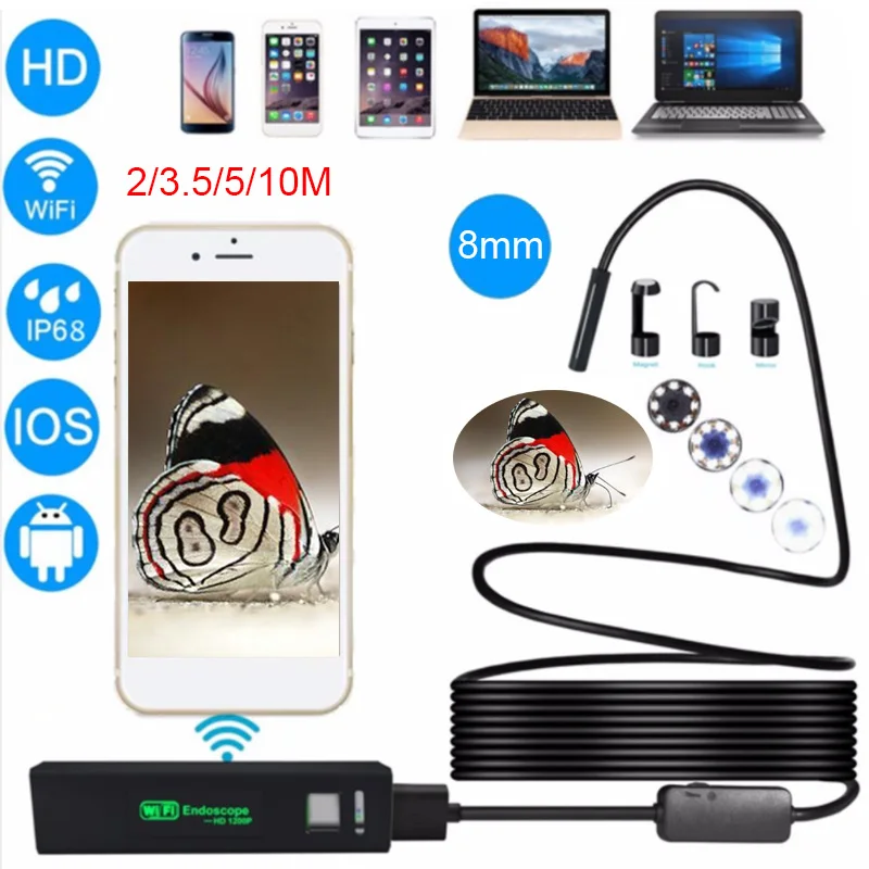 

Antscope 8mm Lens 1200P Wifi Endoscope Android Iphone Borescope Camera soft wire Endoscopic iOS Wifi Camera Inspection