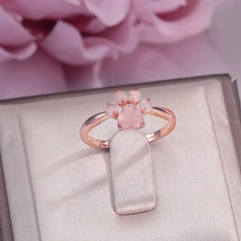 

Fine Jewelry 925 Silver Sterling Rings For Women Rose Quartz Natural Bear's Paw Foot Gemstone Print Pink Lovely Ring CCRI027