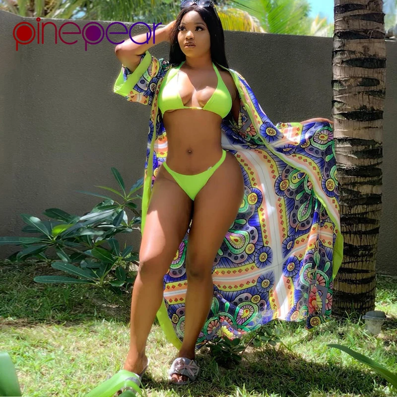 

PinePear Floral Print Bra+Thongs+ Long Cover Up Bikini 3 Piece Set Swimwear 2019 Women Swim Bathing Suit Beach Wear Dropshipping