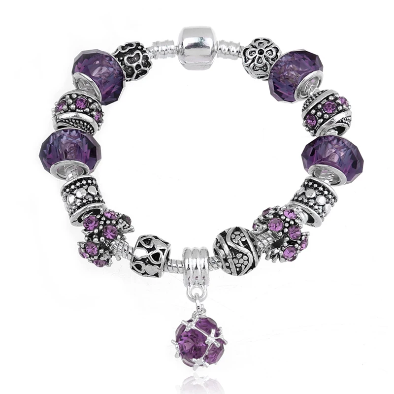 

New Crystal Dangle Charm Bracelet For Women Silver Heart Flower Beads Pan Bracelets Trendy Crystal Bangles Jewelry Gift