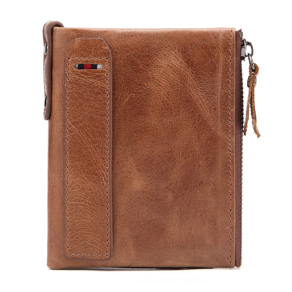 

High Quality Vintage Real Genuine Leather Men Wallets Brown Double Zipper Male Coin Purse Casual Short Style Card Holders #Q2196