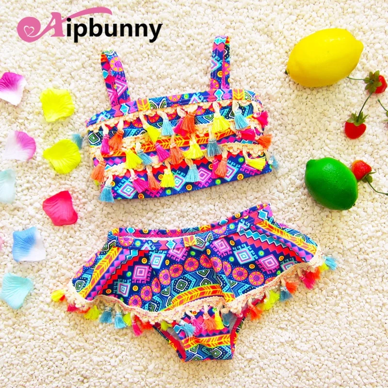 

2 Pcs/Set Tank Top& Ruffle Brief Bottom Retro Vintage Geometry Baby GIrl Bikini Set Adorable Cute Infantl Children Swimsui