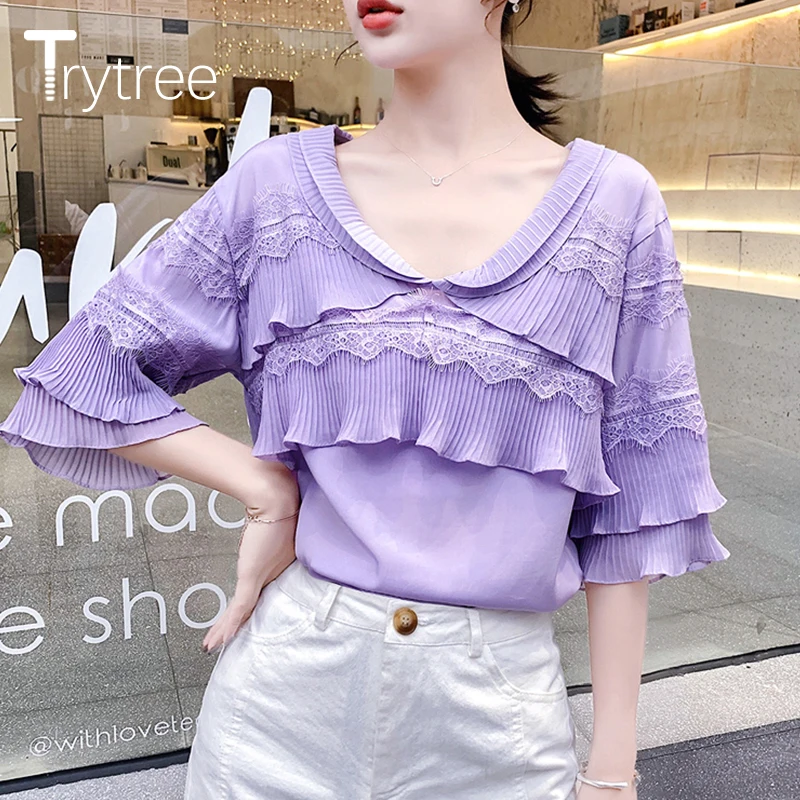 Trytree/2019 Летняя женская блузка, Повседневная кружевная рубашка с оборками и воротником, однотонные фиолетовые белые топы с рукавом-бабочкой