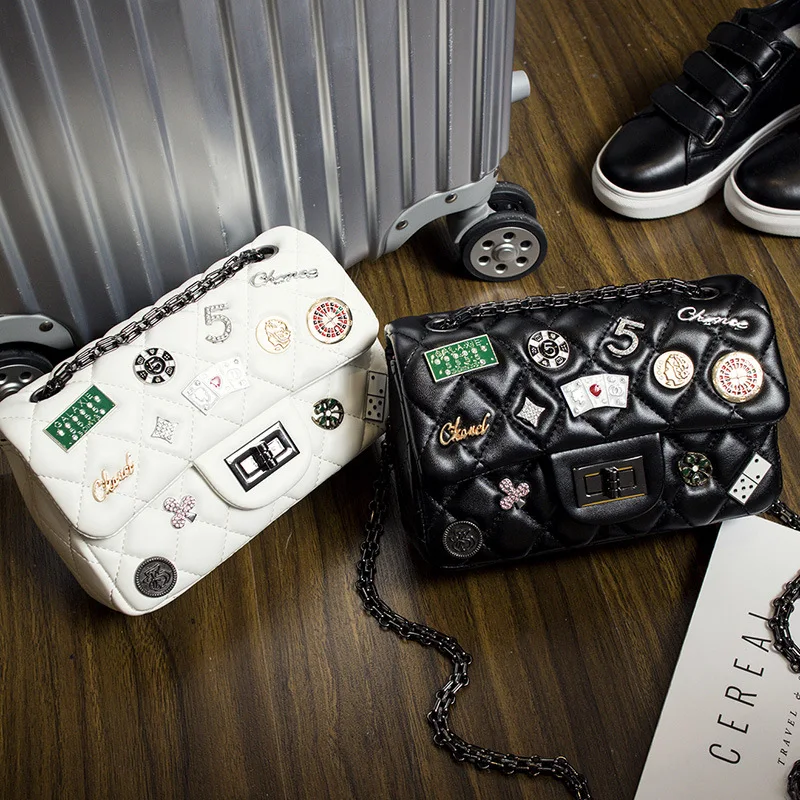 

KYYSLO Small fragrance rhombic chain bags women lock bag Korean version of the trend of strange badges shoulder messenger bags