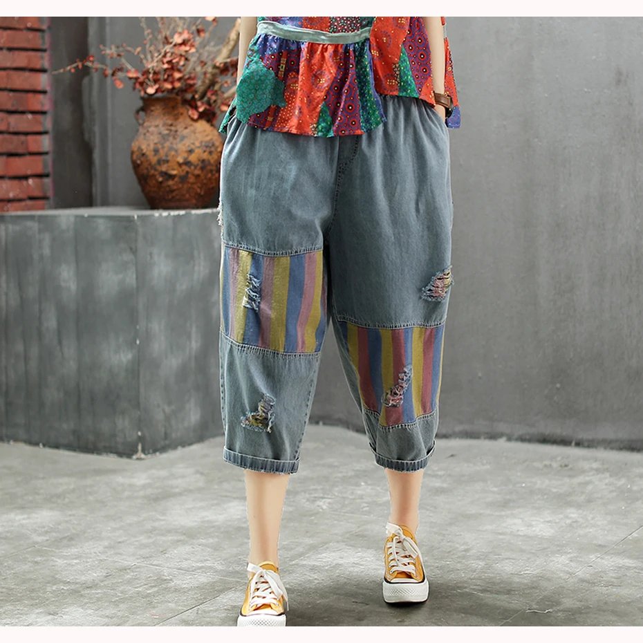 

Women Jeans Denim Straight Pants Retro Vintage Casual Fashion for Summer Big Loose Plus Size Elastic Waist Rainbow AZ39652130
