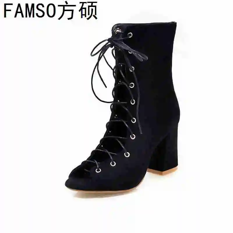 

FAMSO 2019 New Shoes For Women Peep toe Hoof Heels Lace-up Mid-Calf Riding Boots Designer Brand Shoes Women's Party Sandals