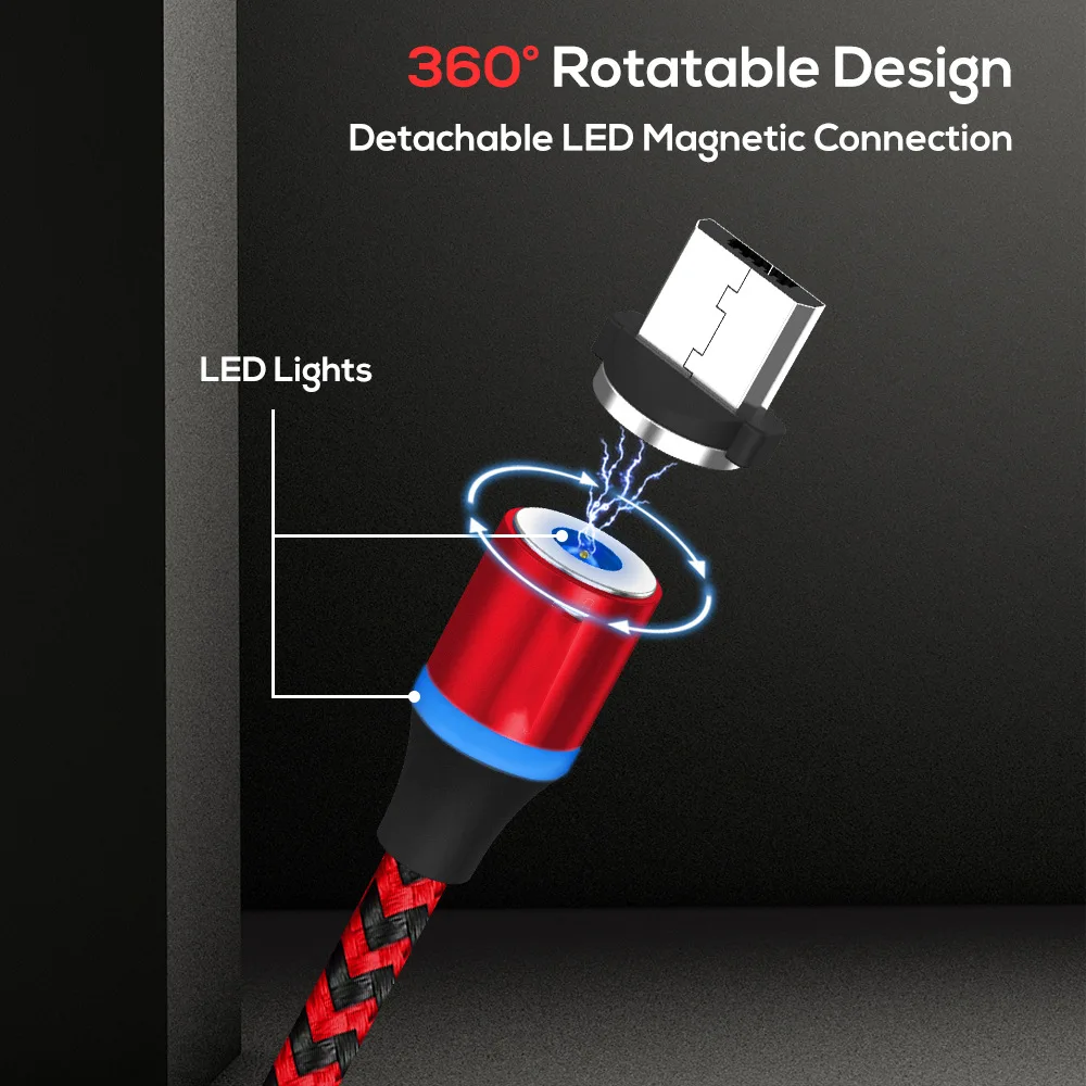 EtopLink نوع C المصغّر usb المغناطيسي شحن كابل يو اس بي USB-C 360 درجة جولة المغناطيس النايلون مضفر LED كابلات شحن 1 M الأزرق الأحمر