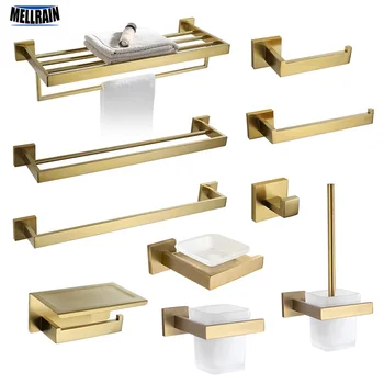 Gold Brushed Bathroom Accessories Hardware Set Towel Bar Rail Toilet Paper Holder Towel Rack Hook Soap Dish Toilet Brush bathroom hardware accessories chrome single towel bar rail toilet paper holder shower soap dish pump brush holder glass shelf