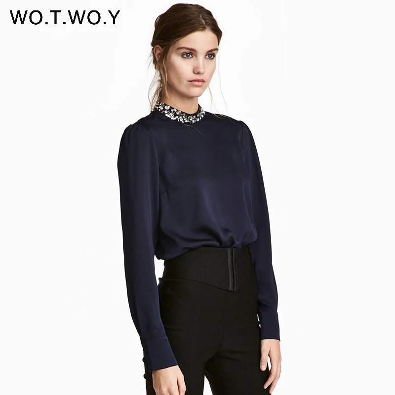 WOTWOY Sequins O-Neck Elegant Office Blouses Women Tops Long Sleeve Blouse Shirt Women Pink Chiffon Blouse 2018 Blusa Feminina WOTWOY Sequins O-Neck Elegant Office Blouses Women Tops Long Sleeve Blouse Shirt Women Pink Chiffon Blouse 2018 Blusa Feminina