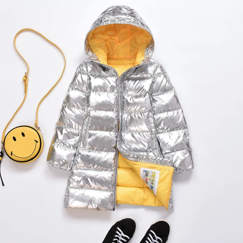 

Winter children's hooded zipper long coat children's down jacket boys girls thick warm outwear kids silver reflective coat 18M03