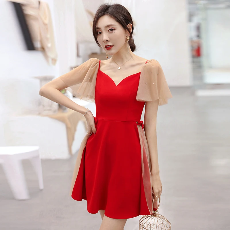 

YIGELILA Women Red Mesh Dress Fashion Summer Sexy V-neck Short Sleeve Empire Slim Knee Length A-line Dress 64772