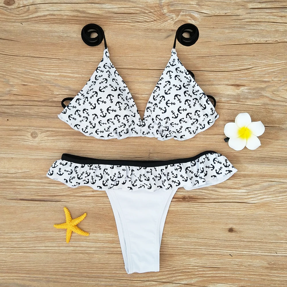 2018 Halter Bikini Swimwear Women Sexy Low Waist Swimsuit White Anchor ...