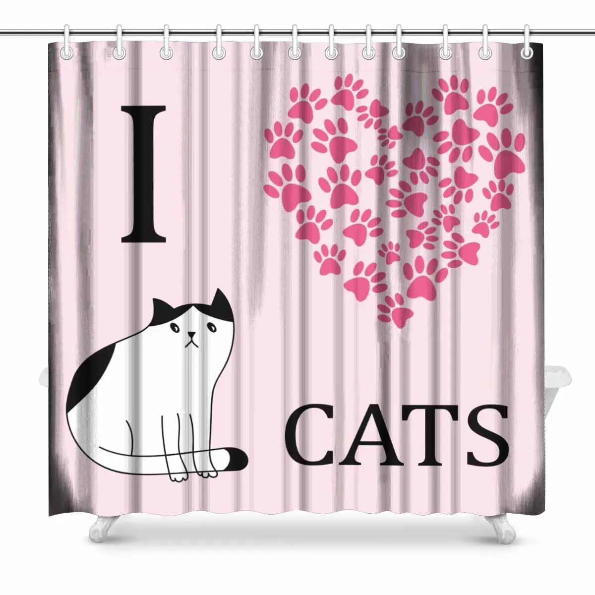 I Love Cats Pink Heart From Traces of Paws Print Polyester Fabric
