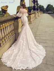 Сапфир люкс верхний конец Румяна свадебное платье с открытыми плечами Русалка Кружево сладкий свадебное платье с длинными поезд собор