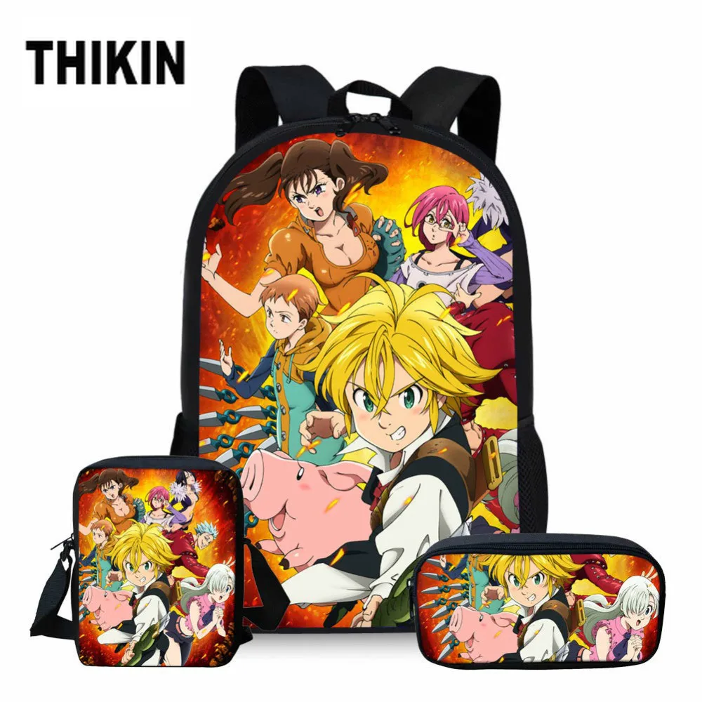 

THIKIN Kids Schoolbag Children Anime Seven Deadly Sins School Bag Set for Boys Girls 3PCS Nanatsu No Taizai Meliodas Elizabeth