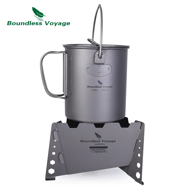 Boundess viaje 750 ml de titanio colgando de la olla con tapa plegable de Camping al aire libre Copa con tenedor Picnic de utensilios de cocina