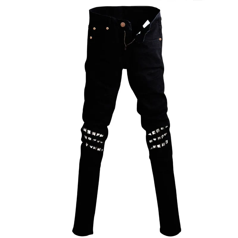 

Punk Style Men`s Black Jeans Studded Dance Hip Hop Stage Performance Elastic Super Skinny Pants For Singer