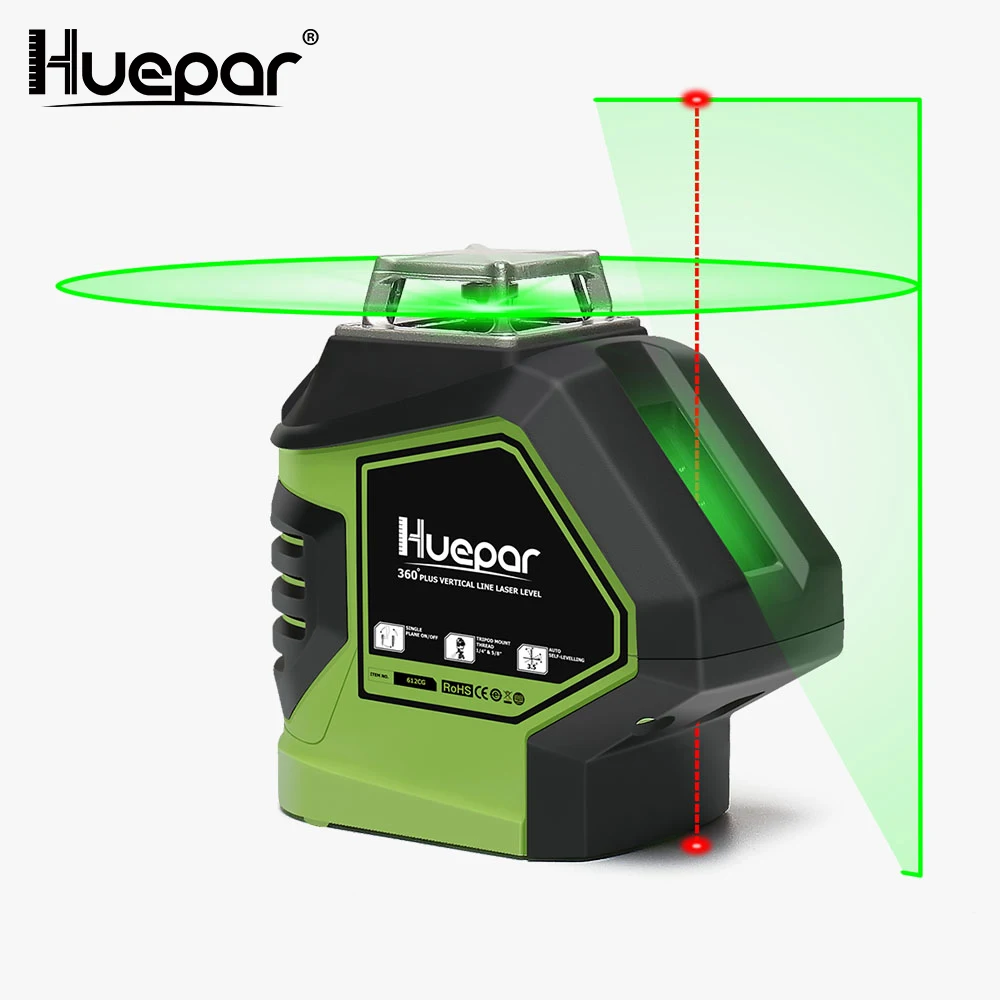 Huepar ليزر أخضر مستوى مع 2 راسيا النقاط الذاتي الإستواء 360 3D الروتاري عبر خط عمودي أفقي 5 خط أداة قياس