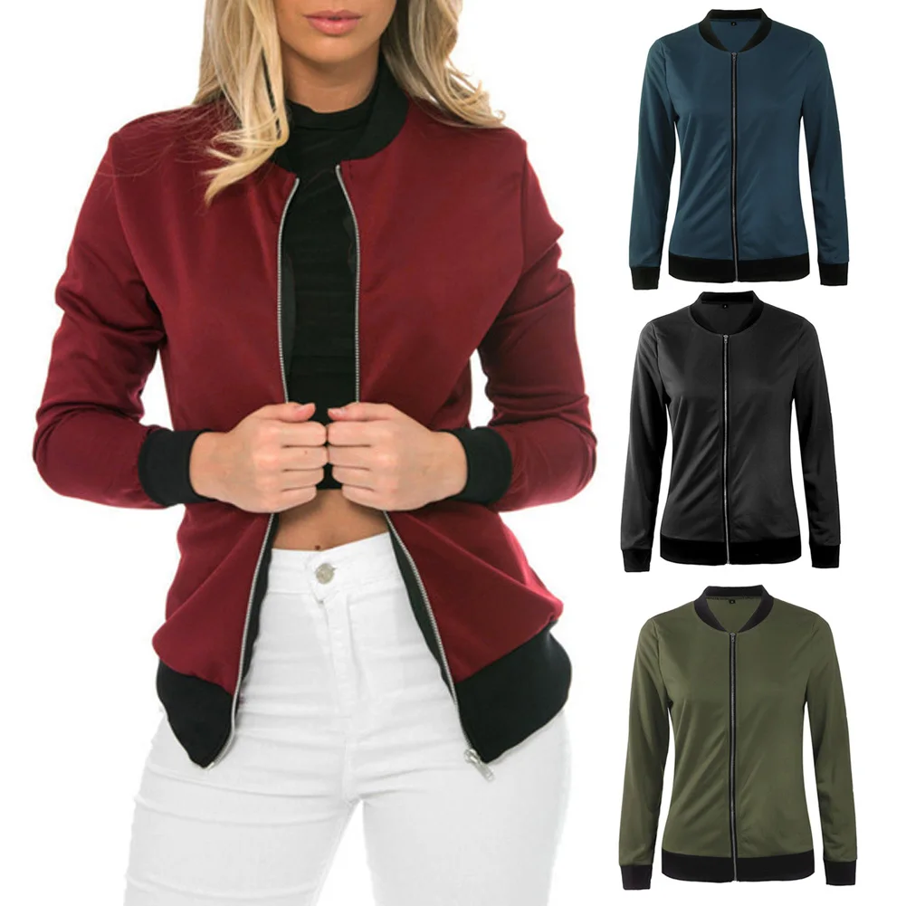 Women Basic Jacket Zipper Bombers Collar Coats Slim Casual Outwear Female Spring Autumn Coat Jackets Fashion Solid Color Ladies