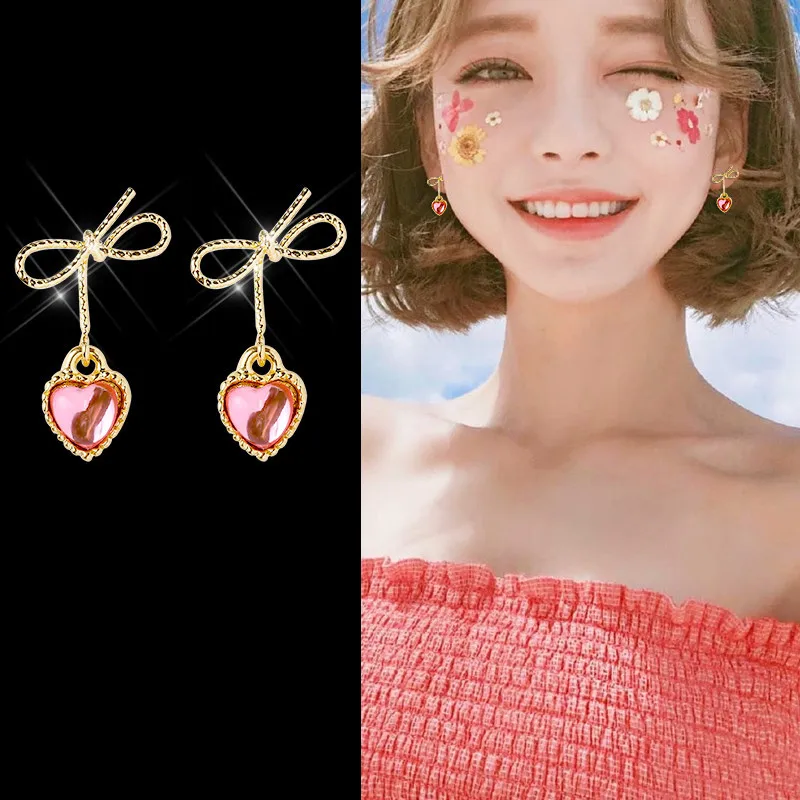 

S925 Creative Crystal Heart With Hollow Bowknot Earring Fashion Cute Gold&Silver Dangle Earring Women Jewelry Best Quality Gifts
