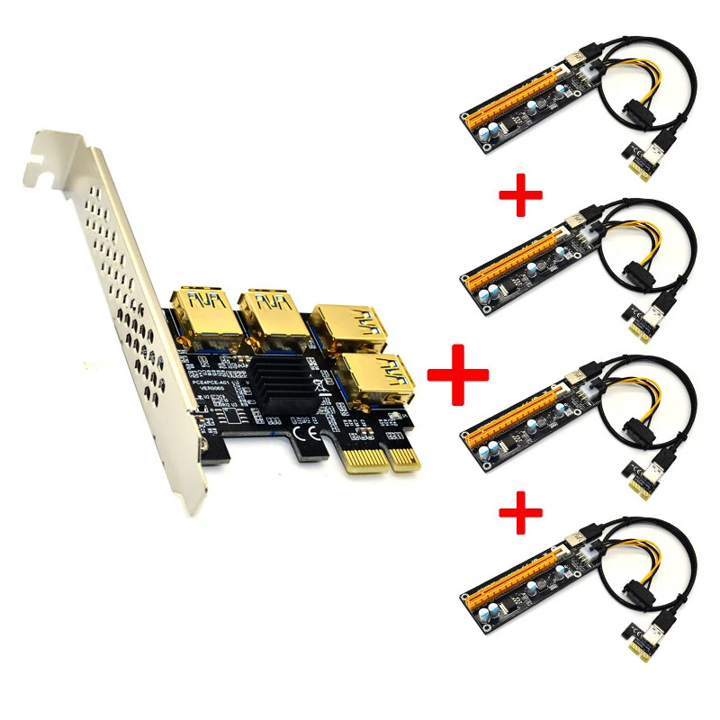 Riser USB 3,0 PCI-E Express 1x to 16x Riser Card Adapter PCIE 1 to 4 Slot PCIe port Multiplier Card for BTC Bitcoin Miner - Цвет: Синий