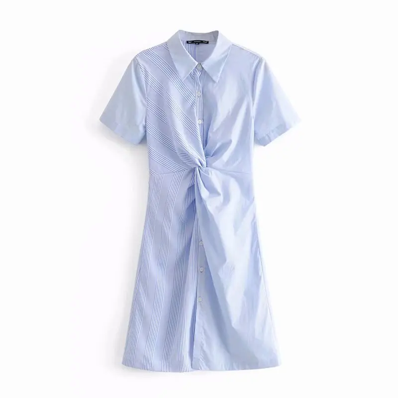 

Summer Shirt Dress Women Button Striped Dress Elegant Party Twisted Splice Short Sleeve Famale Clothing Knee-Length Dresses