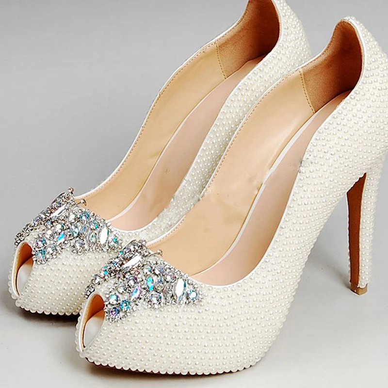 New Party Pumps White Wedding Dress Shoes Bridal Shoes Gorgeous High Heel Shoes Imitation Pearl Rhinestone Shoes