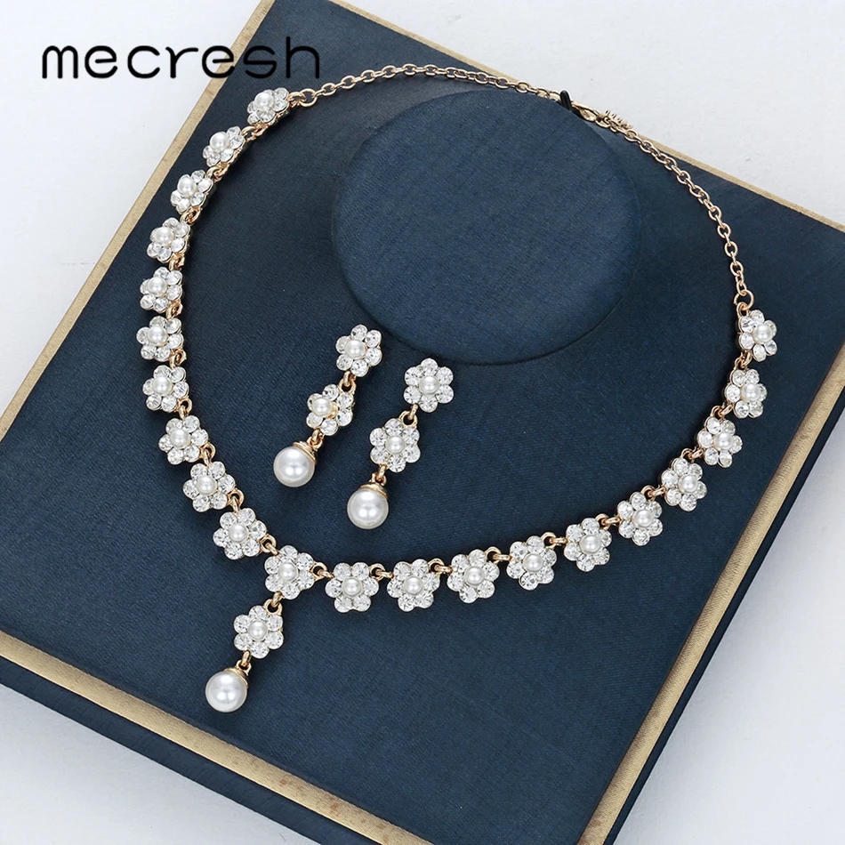 

Mecresh Cute Crystal Flower Bridal Wedding Jewelry Set for Women Simulated Pearl Earrings Necklace Set Engagement Jewelry MTL582