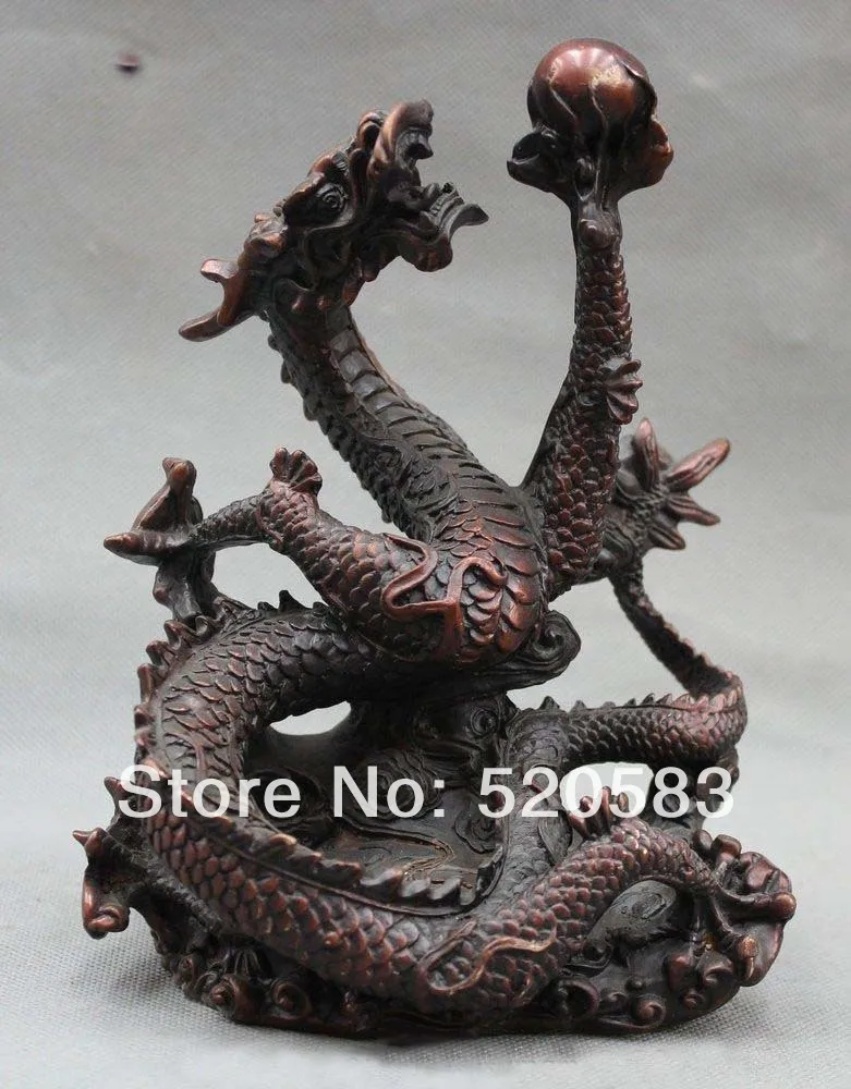 

free 8" Chinese Bronze Zodiac Year dragon drama pearl Statue sculpture Feng Shui fast