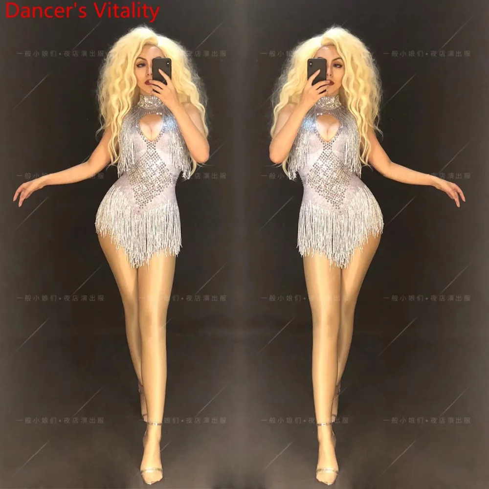 

Nightclub Bar Sexy False Cut out Low-cut Rhinestone Tassel Sleeveless Body Suit DS Women Singer DJ Pole Dance Performance Costum