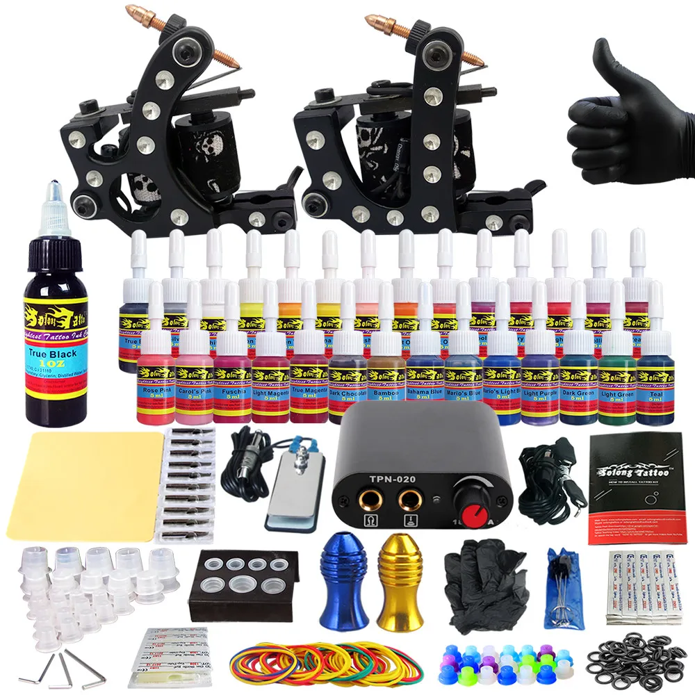 

Solong Tattoo Complete Tattoo Kit for Beginner Starter 2 Pro Machine Guns 28 Inks Power Supply Needle Grips Tips TK204-20