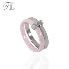 TL Pink Ceramic Ring For Women Two Layers Stainless Steel Silver Inlaid Zircon Thin Rings Unique Design Wedding Engagement Rings