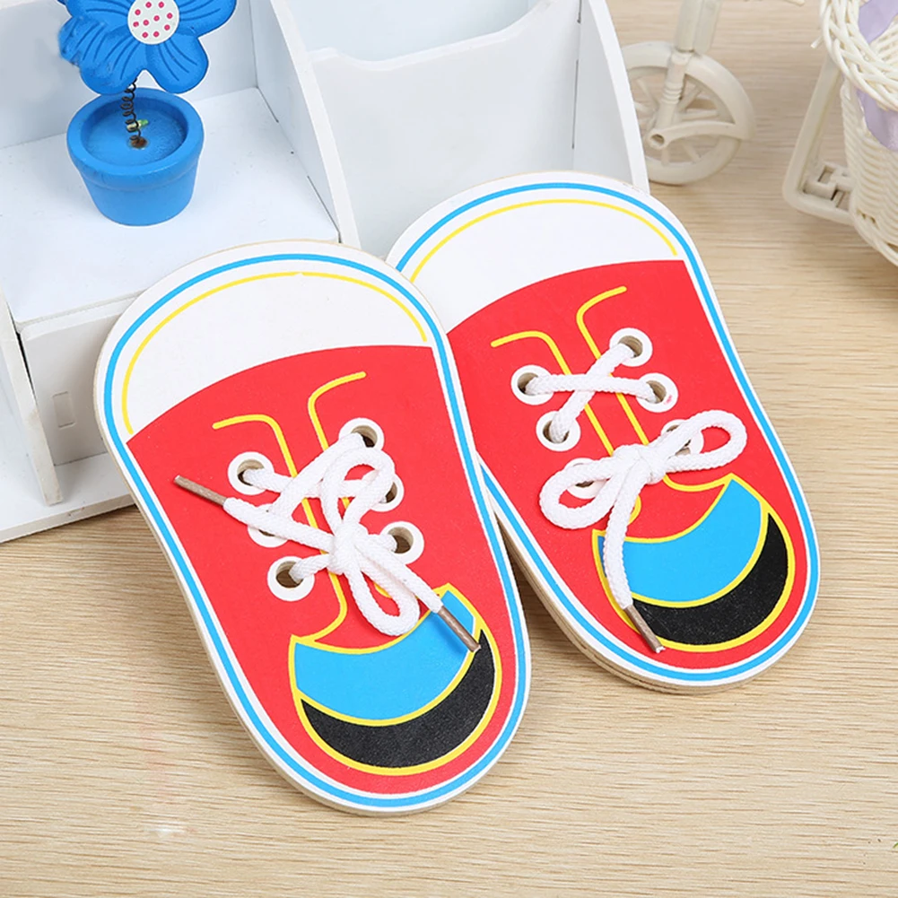 1PC Kids Cute Wooden Shoes Toys Children Learing Lacing Shoes Toy Kids