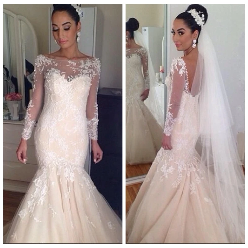 Beautiful Lace Wedding Dresses Appliques Sheer Jewel Long