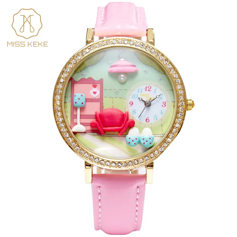 Miss Keke Clay Cute 3d Mini World Geneva rose gold Rhinestone Watches Relogio Feminino Ladies Women Leather Wristwatches 1013