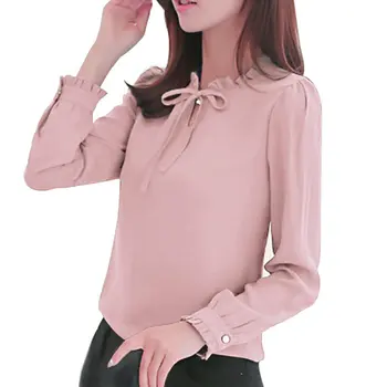 

New Women Shirts Long Sleeve Stand Collar Bow Blouses Ladies Chiffon Blouse Tops Fashion Office Work Wear