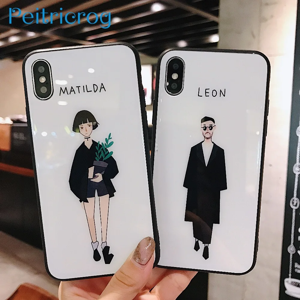 

For iPhone X XR XS MAX Fashion Cool Killer tempered galss Cartoon Leon Matilda Phone Case For iPhone 6 6s 7 8 Plus back Cover