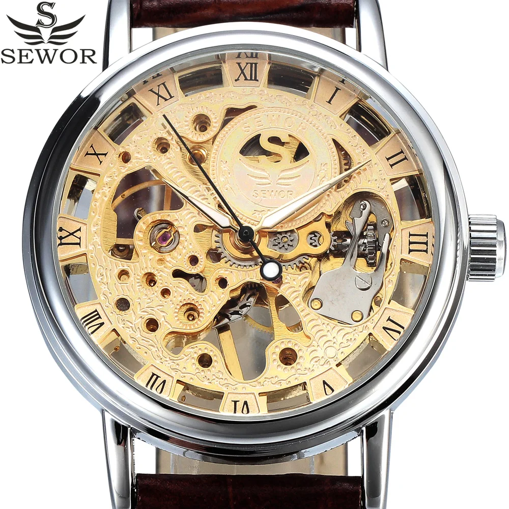 Лидирующий бренд SEWOR золото Для Мужчин Скелет механические часы Для мужчин Наручные часы мужской моды Повседневное часы кожаный Для мужчин