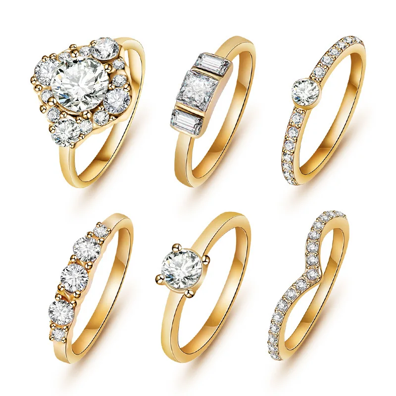 (6pcs /set) Hot Shiny Gold Color Crystal Austrian Zircon Rings Set Noble Charms Wedding Rings For Women Girls Fashion Jewelry