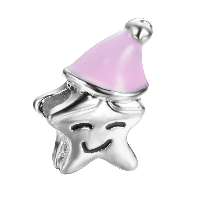 

free shipping 1pc smile star with pink christmas hat bead charm fit pandora charm bracelet A039